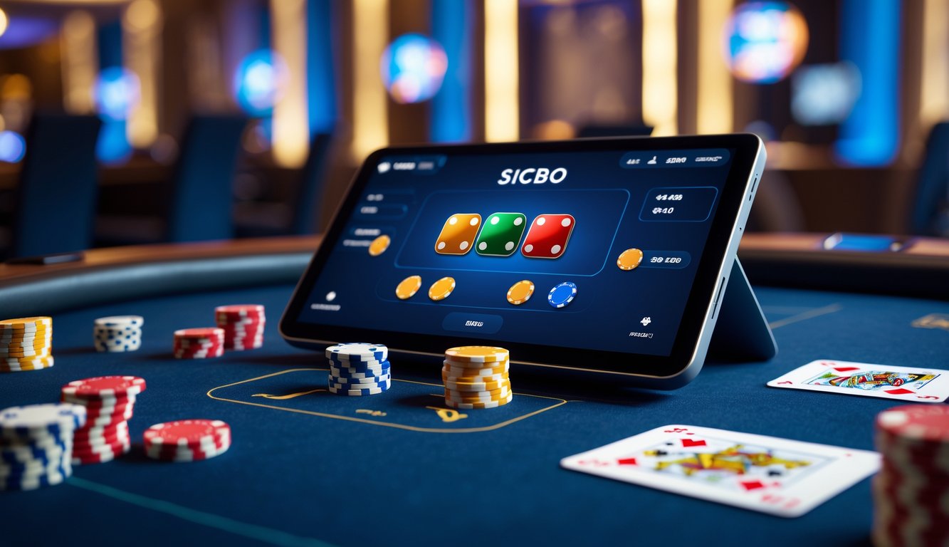 Sebuah perangkat digital menampilkan permainan Sicbo online dengan dadu berwarna dan opsi taruhan, dikelilingi oleh chip poker dan kartu di ruangan kasino yang modern.