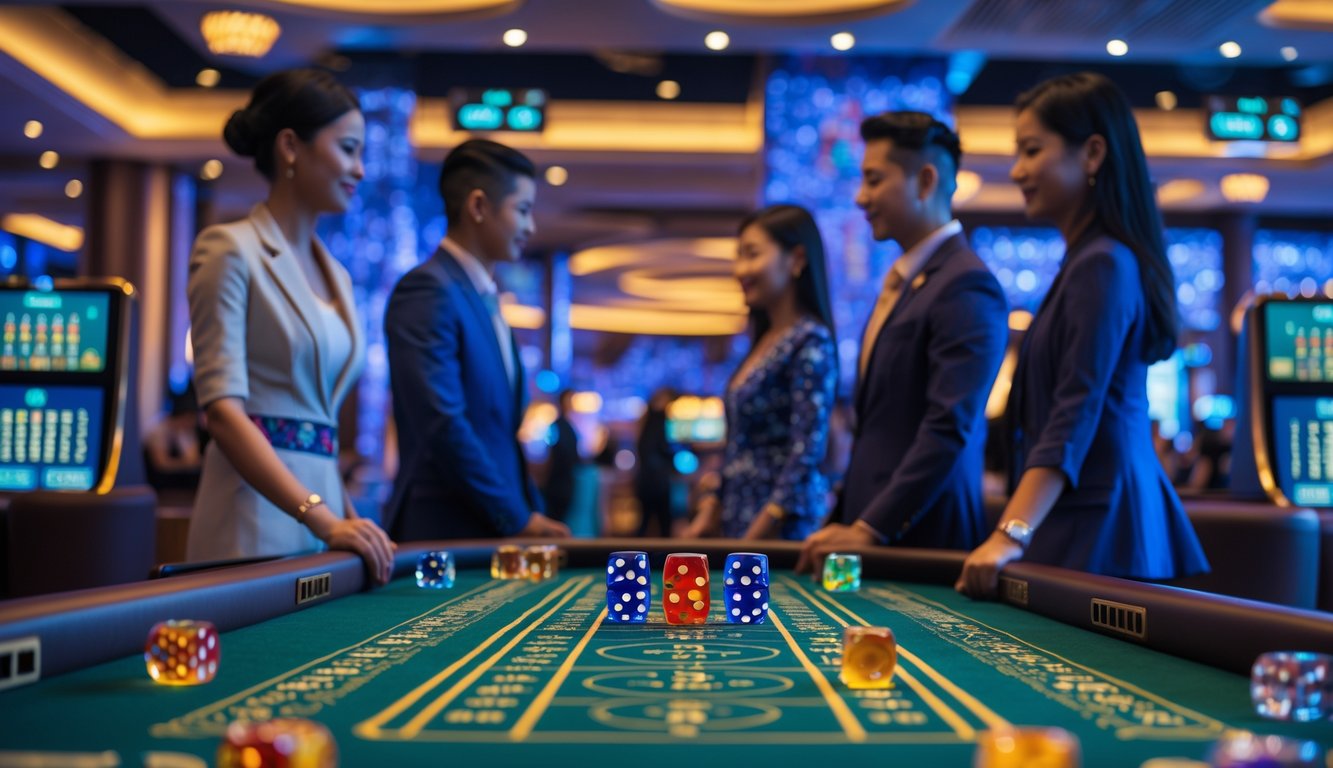 Meja permainan Sicbo di kasino dengan pemain yang sedang bermain dan suasana kasino yang modern dan terang.