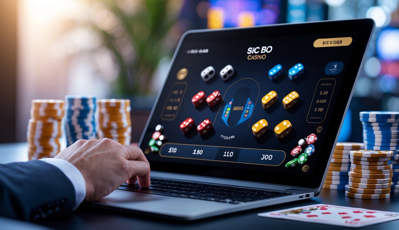 Seorang pemain menggunakan laptop untuk bermain permainan Sic Bo online dengan dadu dan chip kasino di sekitar perangkat.