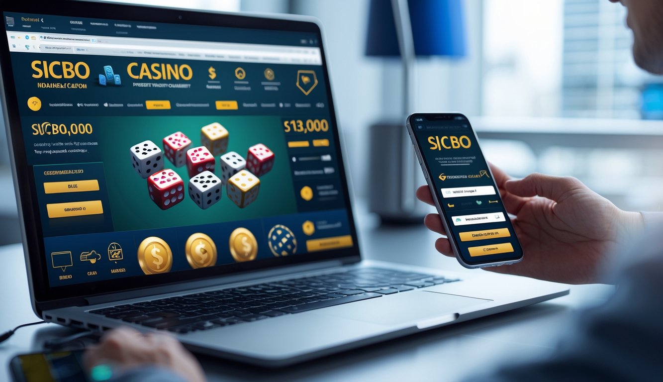 Seseorang menggunakan laptop dan ponsel untuk melakukan transaksi deposit dan withdraw di situs casino online Sicbo dengan suasana yang aman dan profesional.