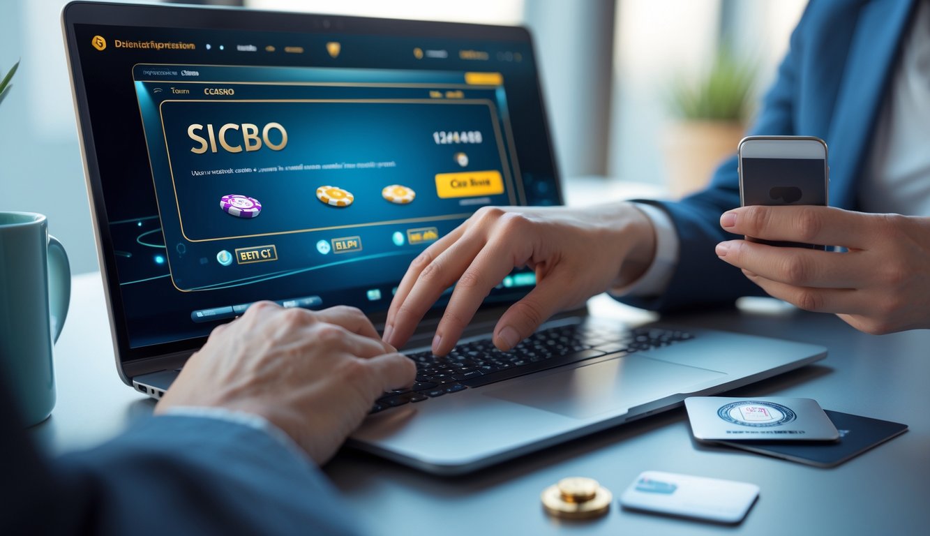 Seseorang menggunakan laptop dan ponsel untuk melakukan transaksi keuangan di kasino online dengan elemen keamanan terlihat di sekitar.