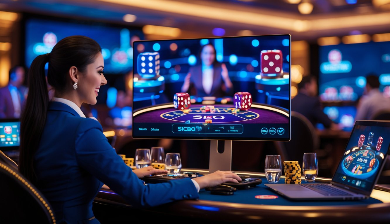 Seorang dealer live tersenyum di depan komputer dengan tampilan permainan Sicbo online, dikelilingi oleh pemain yang menggunakan laptop dan ponsel di suasana kasino modern.