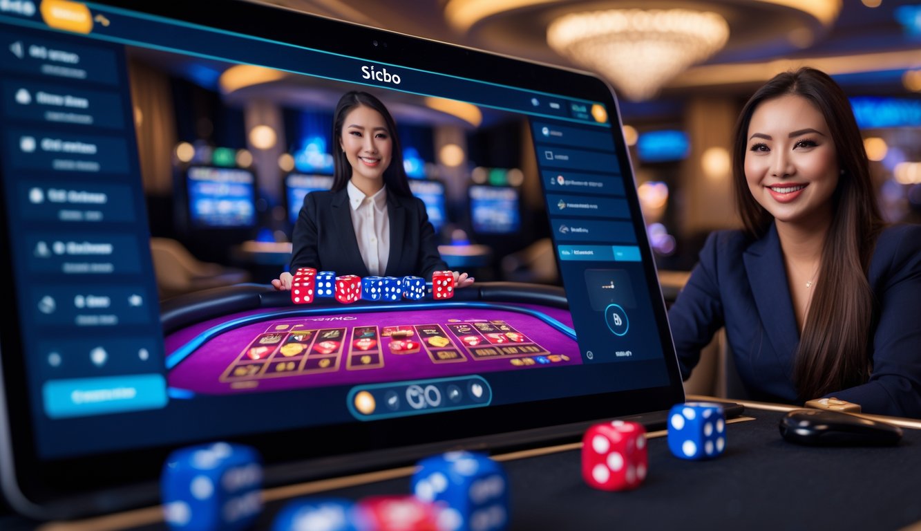 Seorang dealer langsung yang ramah sedang mengelola permainan Sicbo online dengan layar digital menampilkan dadu, di latar belakang suasana kasino yang mewah dan pencahayaan hangat.