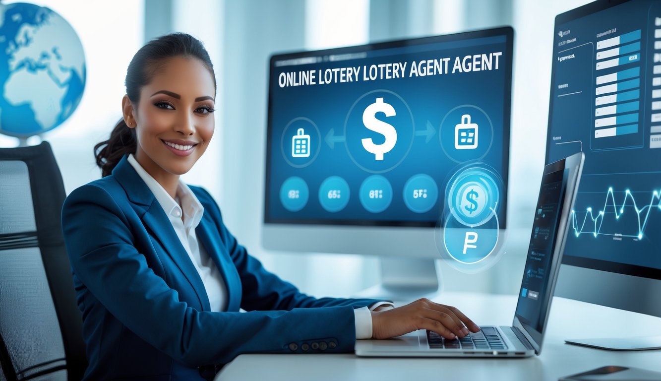 Seorang agen profesional sedang bekerja di depan laptop dengan layar digital di sekitarnya yang menampilkan ikon pembayaran dan grafik, menggambarkan layanan agen ceme online terpercaya dengan pembayaran cepat dan mudah.