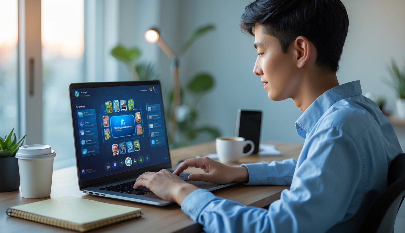 Seseorang duduk di meja kerja dengan laptop, menggunakan aplikasi permainan kartu online di ruang rumah yang terang dan rapi.