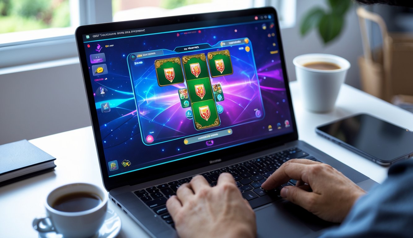 Seseorang sedang bermain permainan kartu Ceme secara online di depan laptop di ruang kerja yang rapi dan terang.