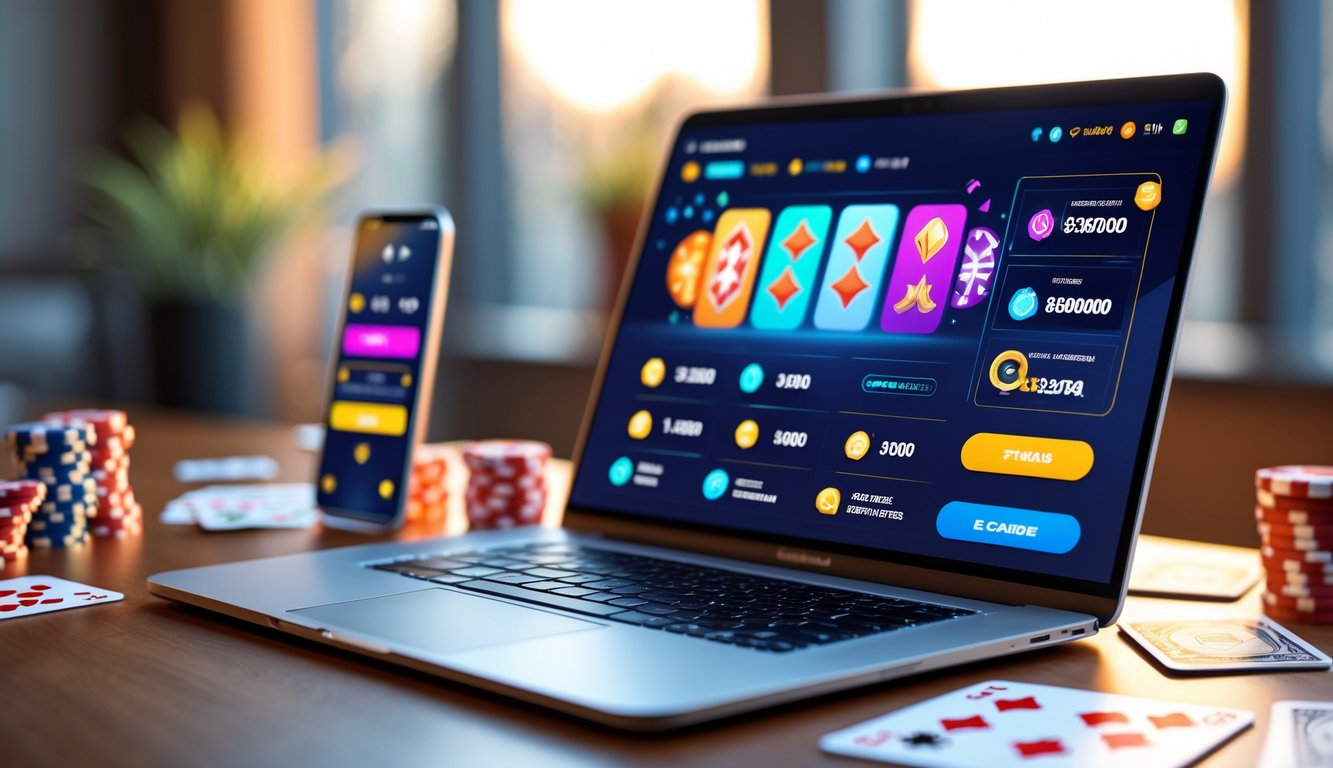 Sebuah ruang kerja modern dengan laptop yang menampilkan permainan online dan elemen kartu serta chip di sekitarnya.