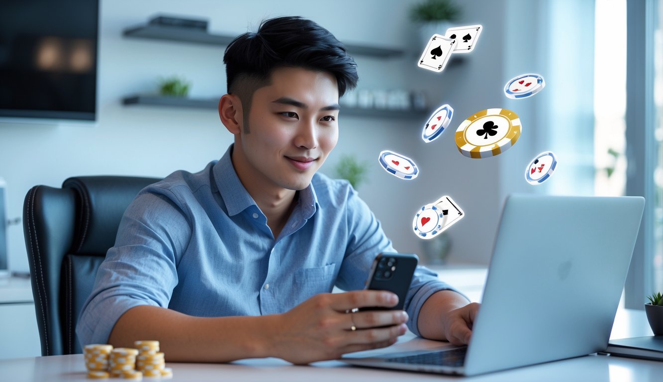 Seorang pria muda sedang menggunakan laptop dan ponsel di meja kerja modern, terlihat fokus dan serius dalam aktivitas online.