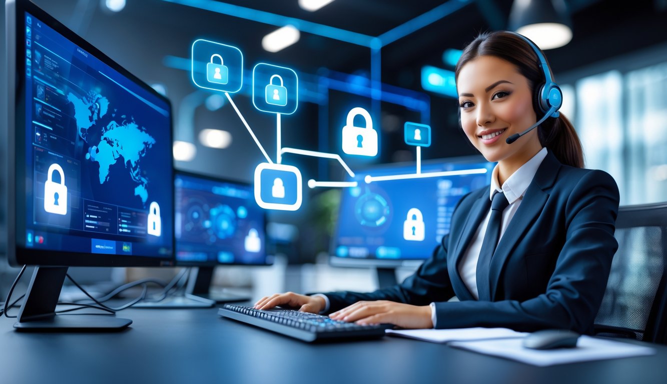 Seorang perwakilan layanan pelanggan yang ramah duduk di meja modern dengan beberapa layar komputer yang menampilkan grafik digital dan ikon keamanan, di kantor berteknologi tinggi yang menunjukkan koneksi online yang aman.