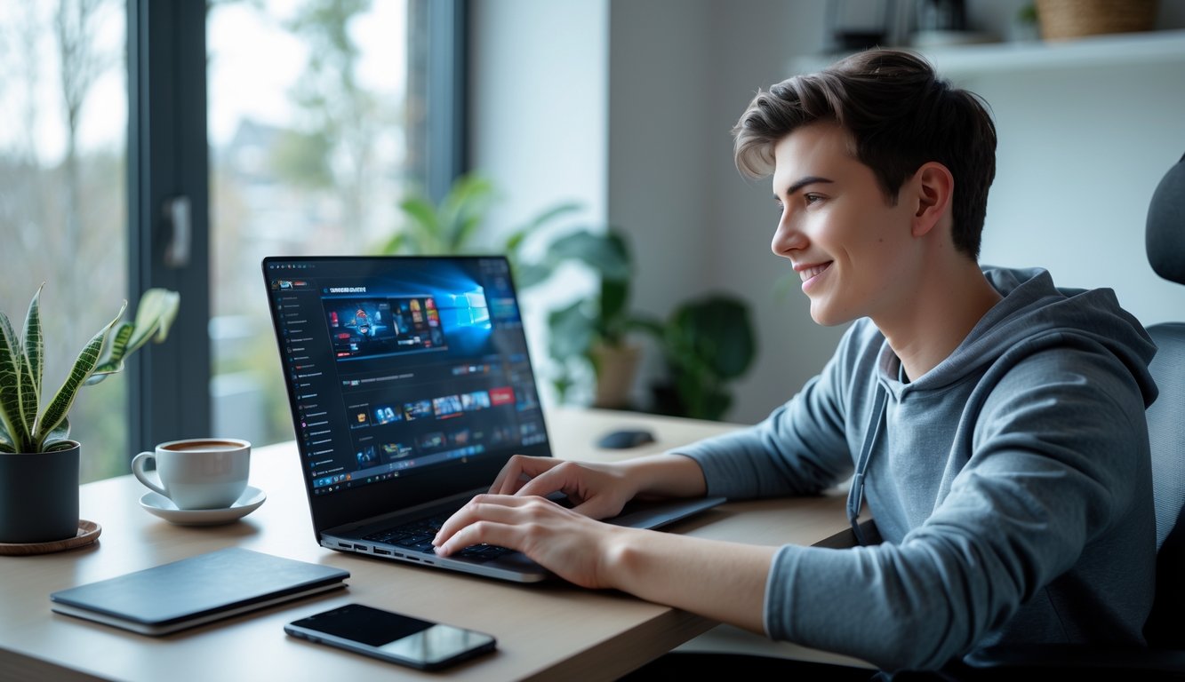 Seorang dewasa muda sedang menggunakan laptop di meja kerja dengan suasana ruangan yang terang dan rapi.