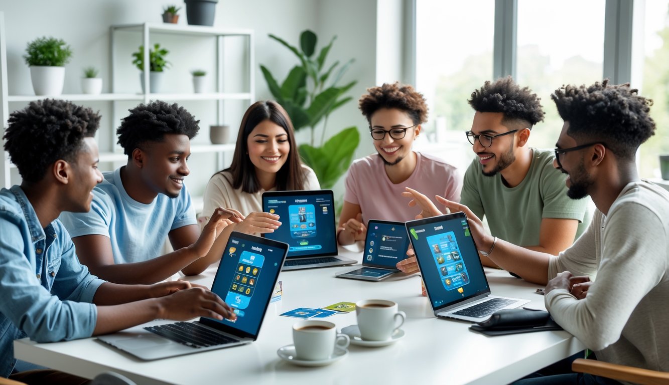 Sekelompok orang muda bermain permainan kartu online bersama di ruang tamu yang terang dan nyaman.