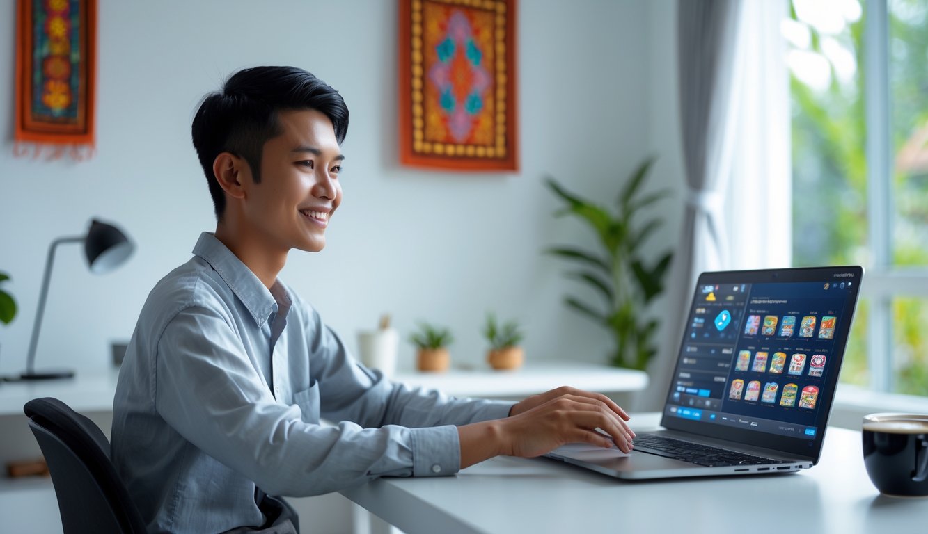 Seorang pemain muda Indonesia sedang bermain game kartu online di laptop di ruang kerja rumah yang rapi dan terang.