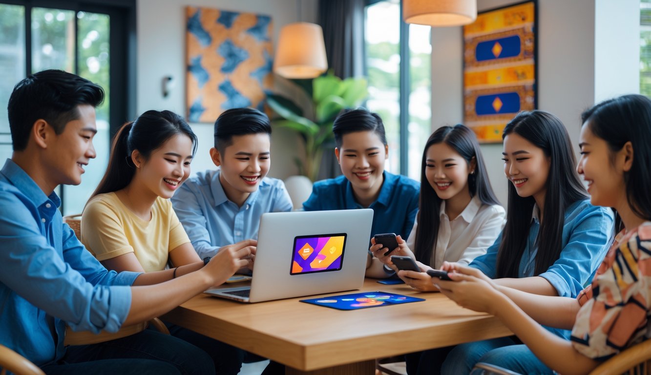 Sekelompok orang muda sedang bermain permainan kartu online bersama menggunakan laptop dan ponsel di sebuah ruangan yang nyaman.