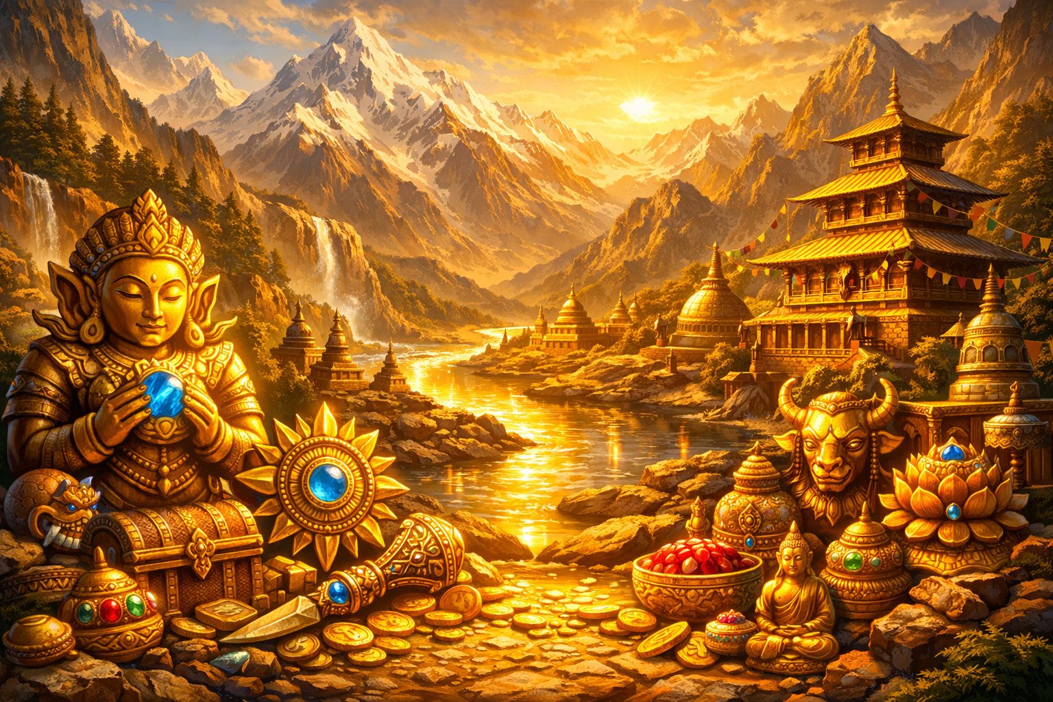 A Golden Mountain Landscape With SnowCapped Peaks, Green Forests, Ancient Temples, And Golden Artifacts By A Shimmering River.