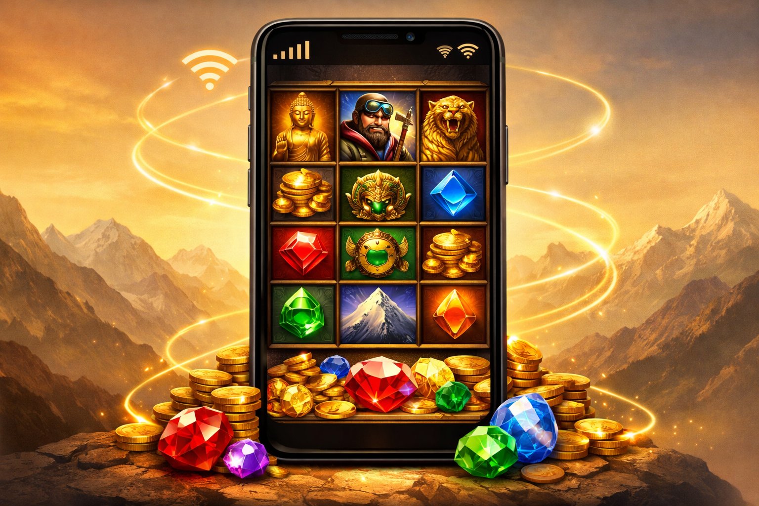 A Mobile Device Showing A Colorful Slot Game With Gold Coins And Gems, Set Against A Warm Background With Mountain Shapes And Connectivity Icons.