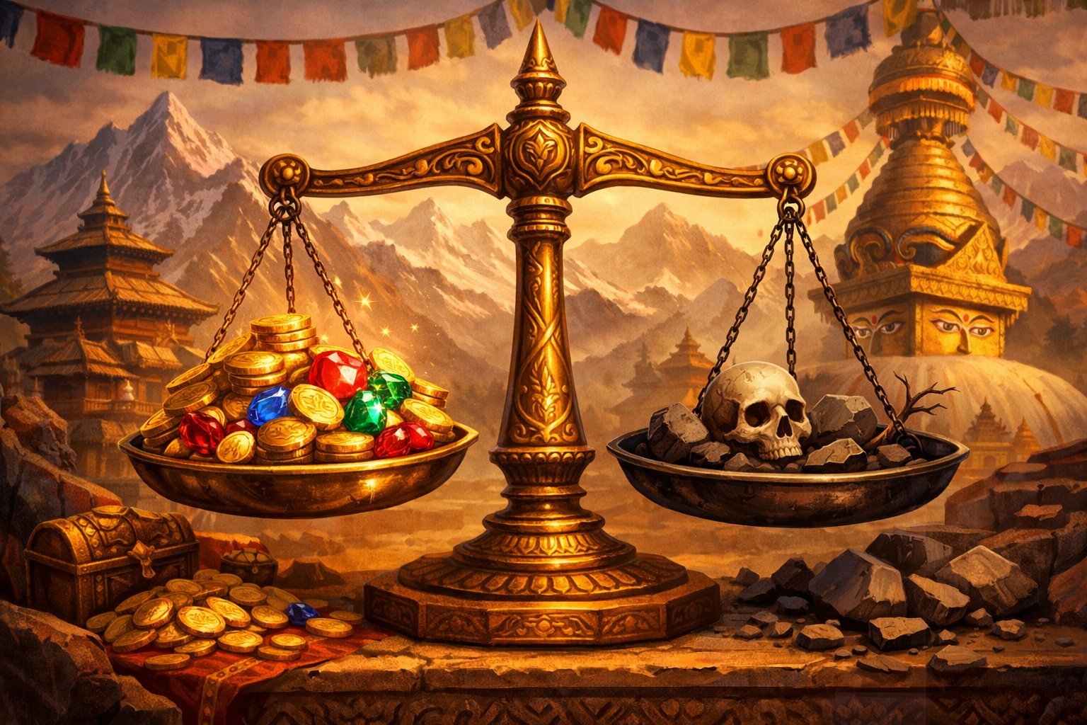 A Balanced Scale With Gold Coins And Gemstones On One Side And Shadows On The Other, Set Against A Mountainous Landscape With Temples And Prayer Flags.