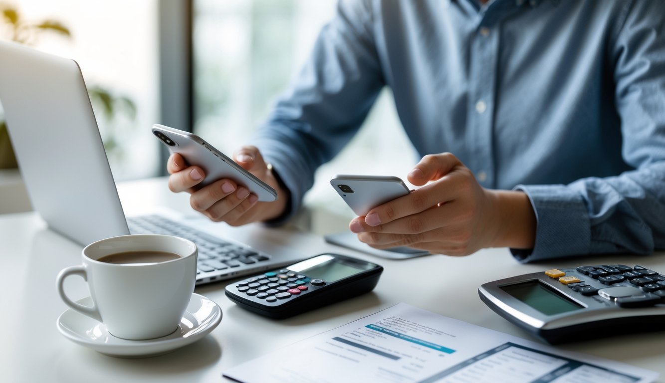 Seseorang menggunakan smartphone dan laptop di meja kerja dengan suasana kantor yang terang dan rapi.