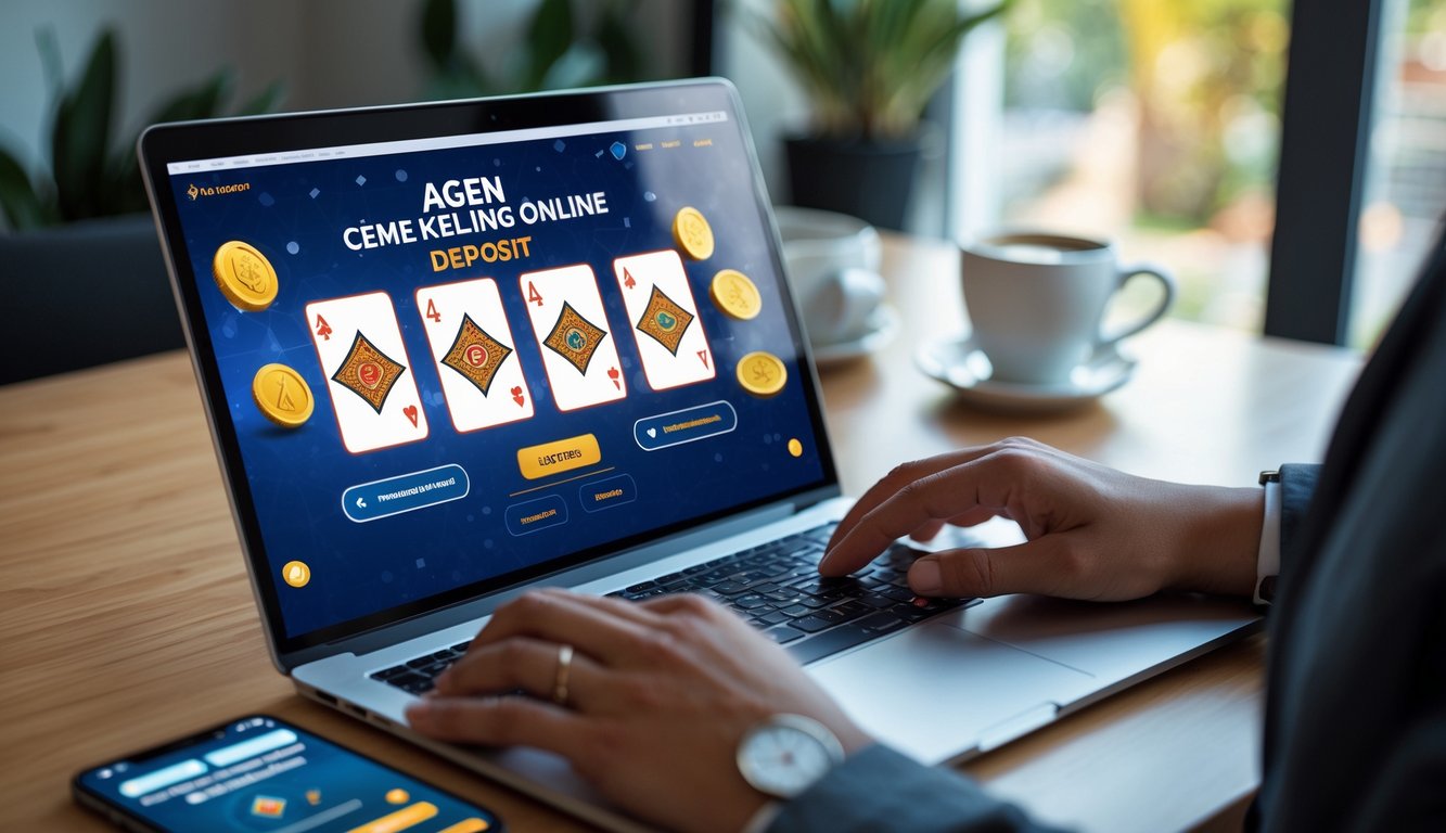 Seseorang menggunakan laptop dengan tampilan permainan kartu Ceme di layar, di meja kerja dengan ponsel dan cangkir kopi.