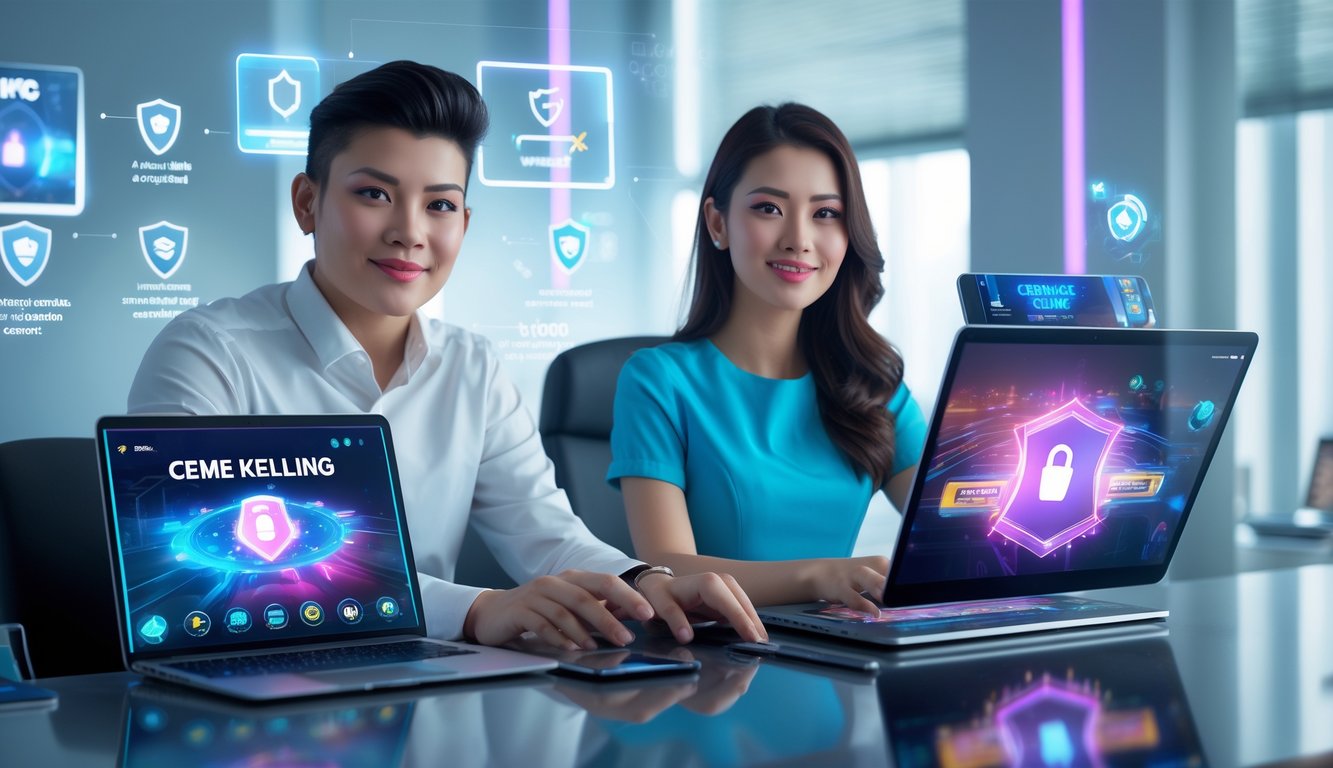 Dua orang muda duduk di meja dengan perangkat digital yang menampilkan permainan online, menunjukkan suasana transaksi cepat dan aman.