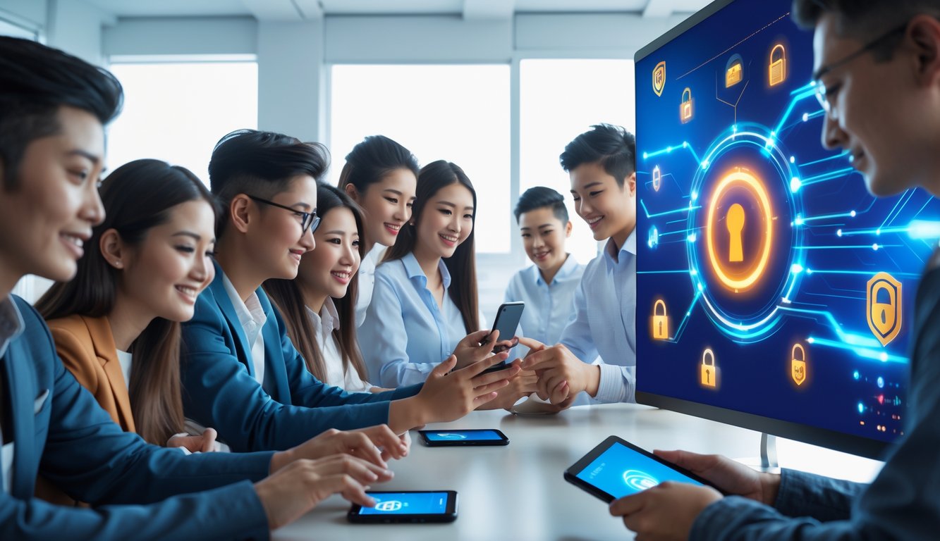 Sekelompok orang muda menggunakan perangkat digital di ruangan modern, fokus pada transaksi online yang cepat dan aman.