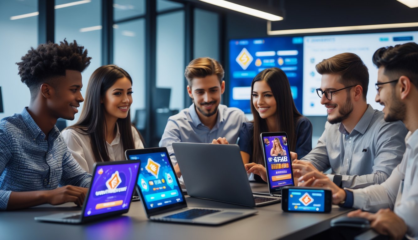 Sekelompok orang muda sedang menggunakan laptop dan ponsel di kantor modern untuk bermain game kartu online bersama.