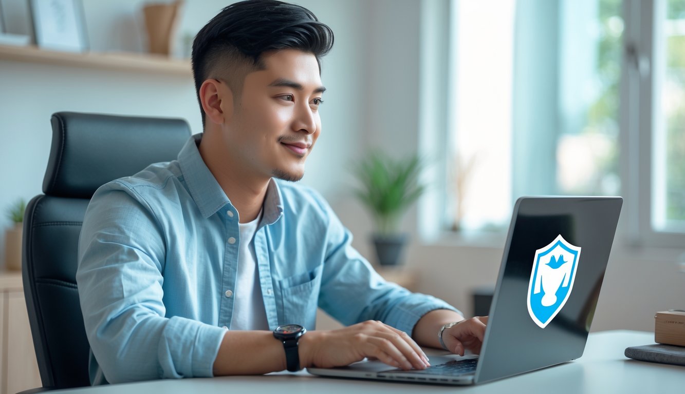 Seorang pria muda duduk di meja modern menggunakan laptop di ruang kerja rumah yang terang dan rapi.