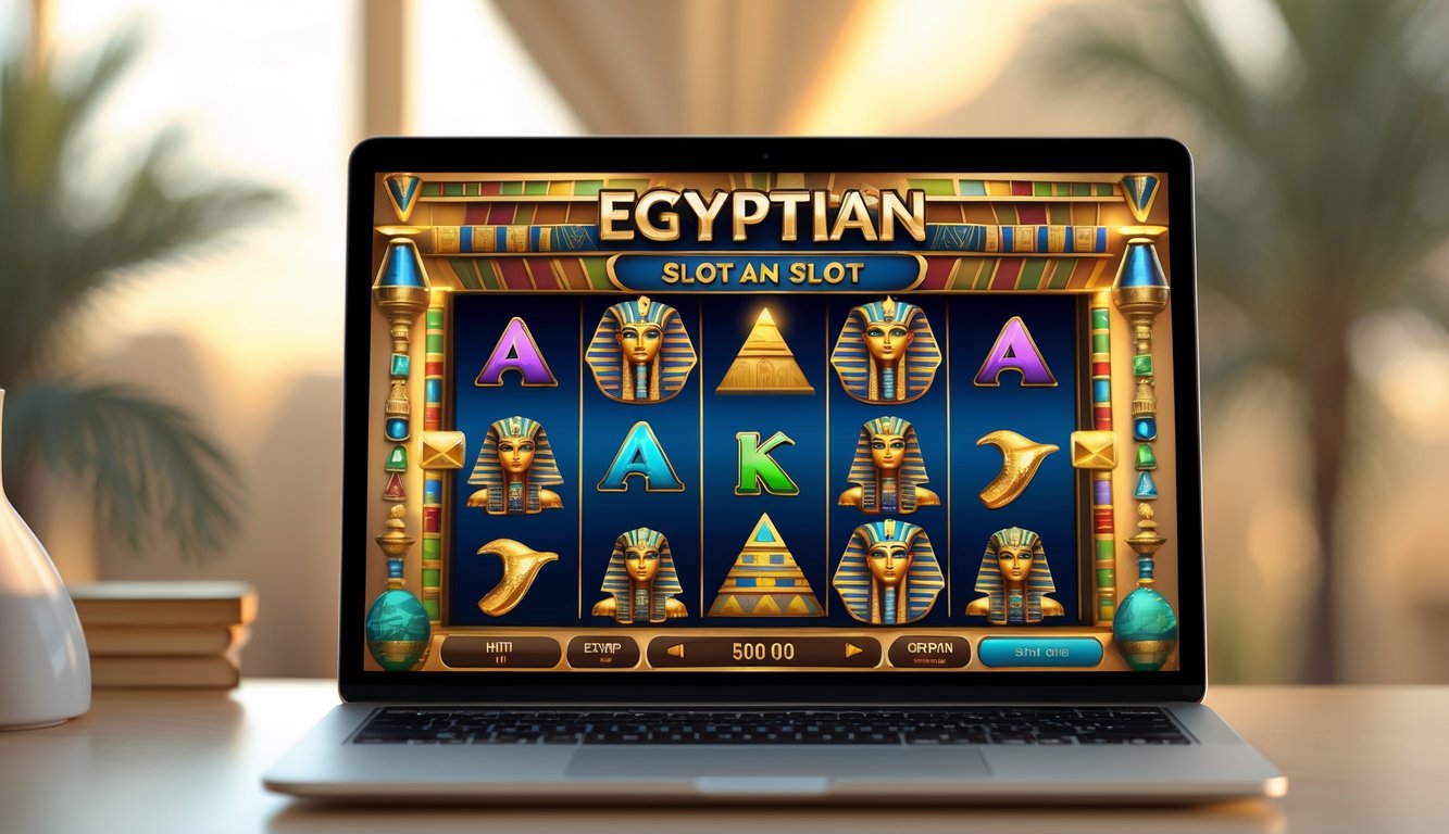 Layar komputer menampilkan permainan mesin slot bertema Mesir dengan simbol piramida dan firaun di lingkungan kasino online yang modern.