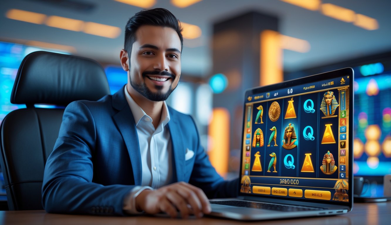 Seorang agen kasino online yang percaya diri duduk di depan laptop dengan permainan slot bertema Mesir di layar, di ruang kantor modern.