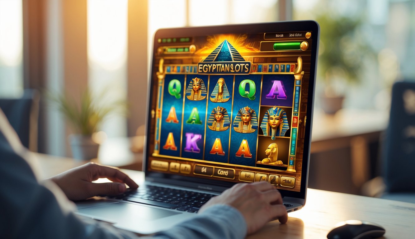 Seseorang bermain permainan slot bertema Mesir kuno di layar komputer di meja kerja yang rapi.