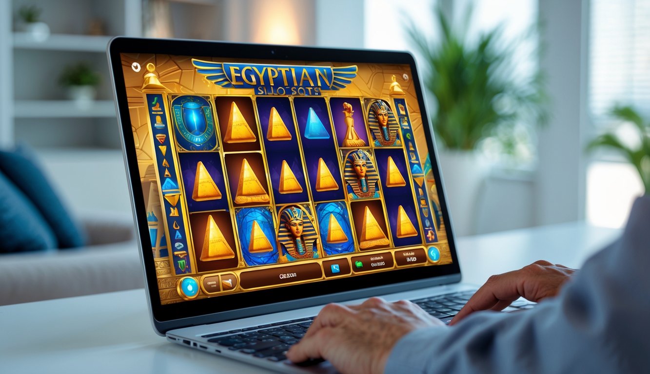 Seseorang menggunakan komputer yang menampilkan permainan slot bertema Mesir dengan simbol seperti piramida dan scarab, di ruang tamu yang terang dan rapi.