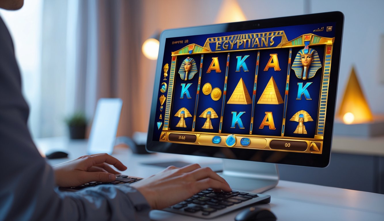 Seseorang bermain permainan slot bertema Mesir kuno di komputer dengan simbol seperti scarab, piramida, dan firaun di layar.