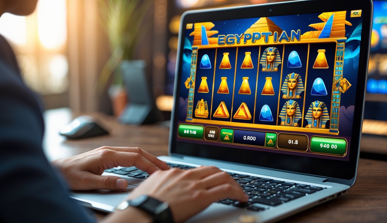 Seorang pengguna bermain permainan slot bertema Mesir kuno di layar komputer dengan simbol piramida dan scarab.