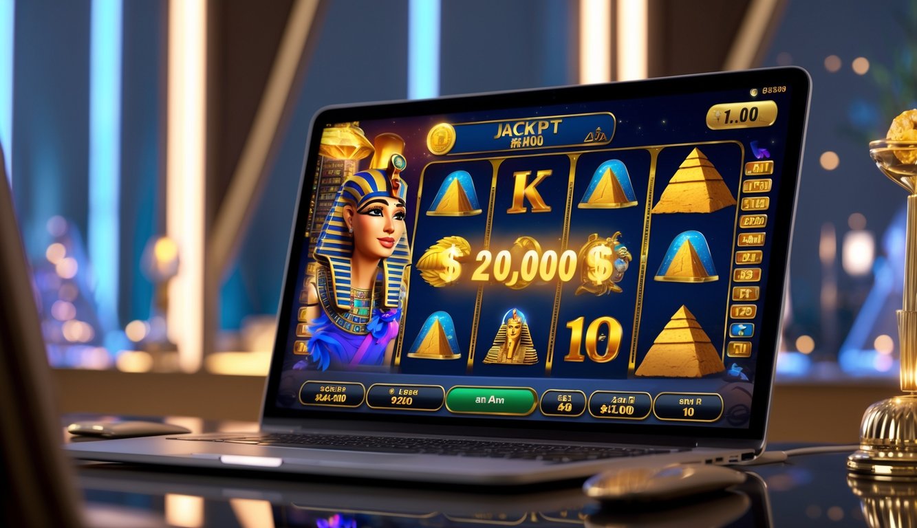 Layar komputer menampilkan permainan slot bertema Mesir dengan simbol piramida dan jackpot besar yang menyala.