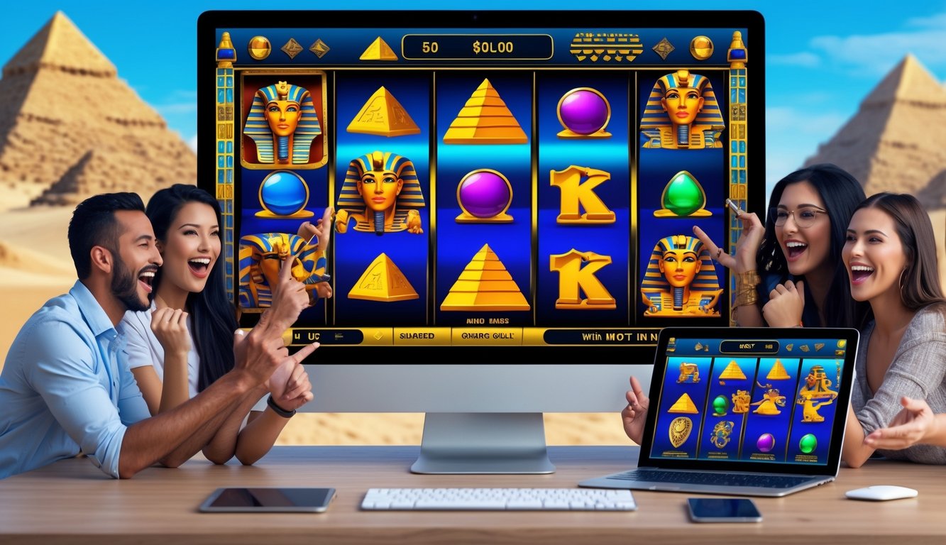 Orang-orang sedang bermain mesin slot bertema Mesir kuno di perangkat digital dengan latar belakang piramida dan gurun.