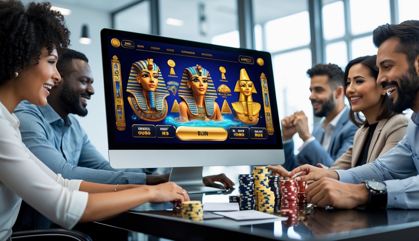 Sekelompok orang sedang bermain permainan slot bertema Mesir di depan komputer di sebuah ruang kantor yang terang dan rapi.