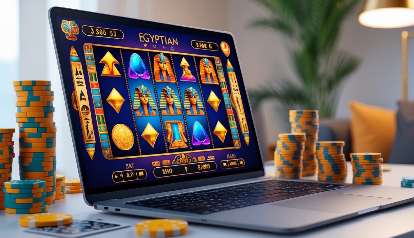 Seorang pemain sedang menggunakan komputer dengan permainan slot bertema Mesir kuno di layar, dikelilingi oleh tumpukan chip poker dan kartu remi.