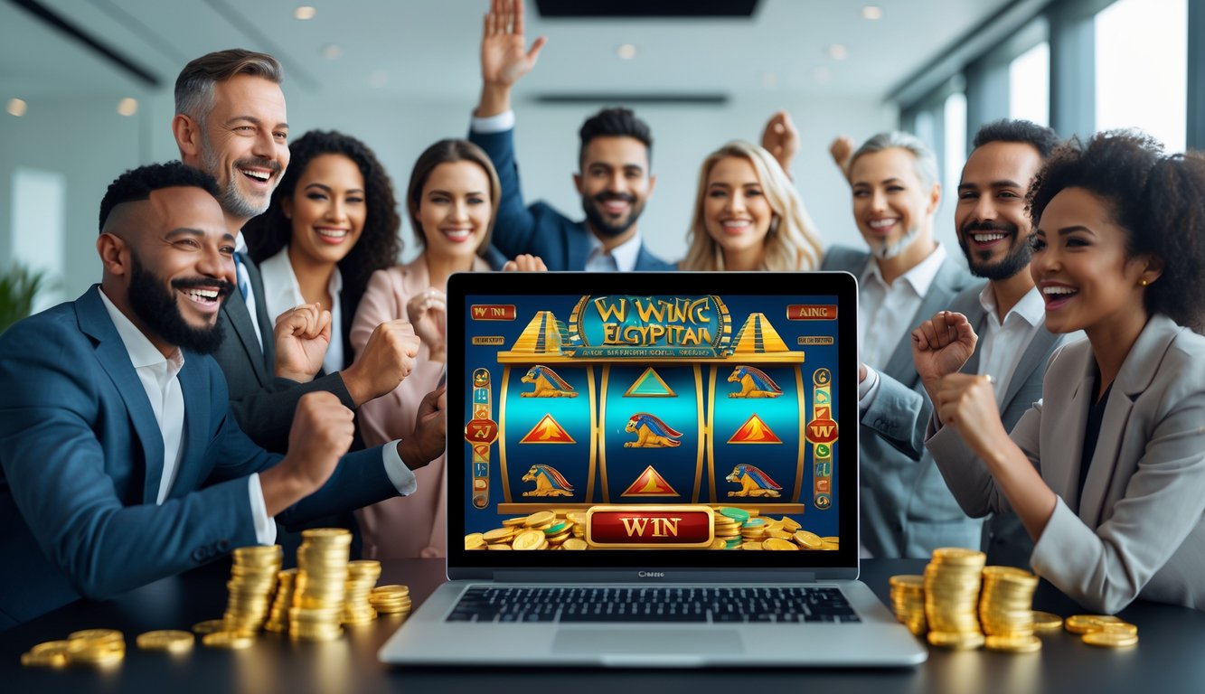 Sekelompok orang dewasa yang bahagia merayakan kemenangan di depan layar komputer yang menampilkan permainan slot bertema Mesir kuno di lingkungan kantor profesional.
