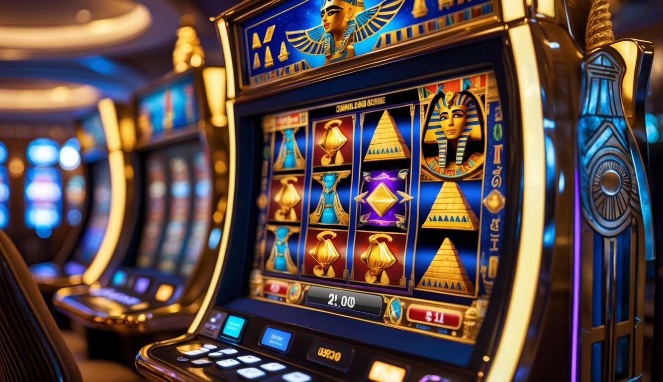 Mesin slot bertema Mesir dengan simbol warna-warni dan lampu terang di dalam kasino yang elegan.