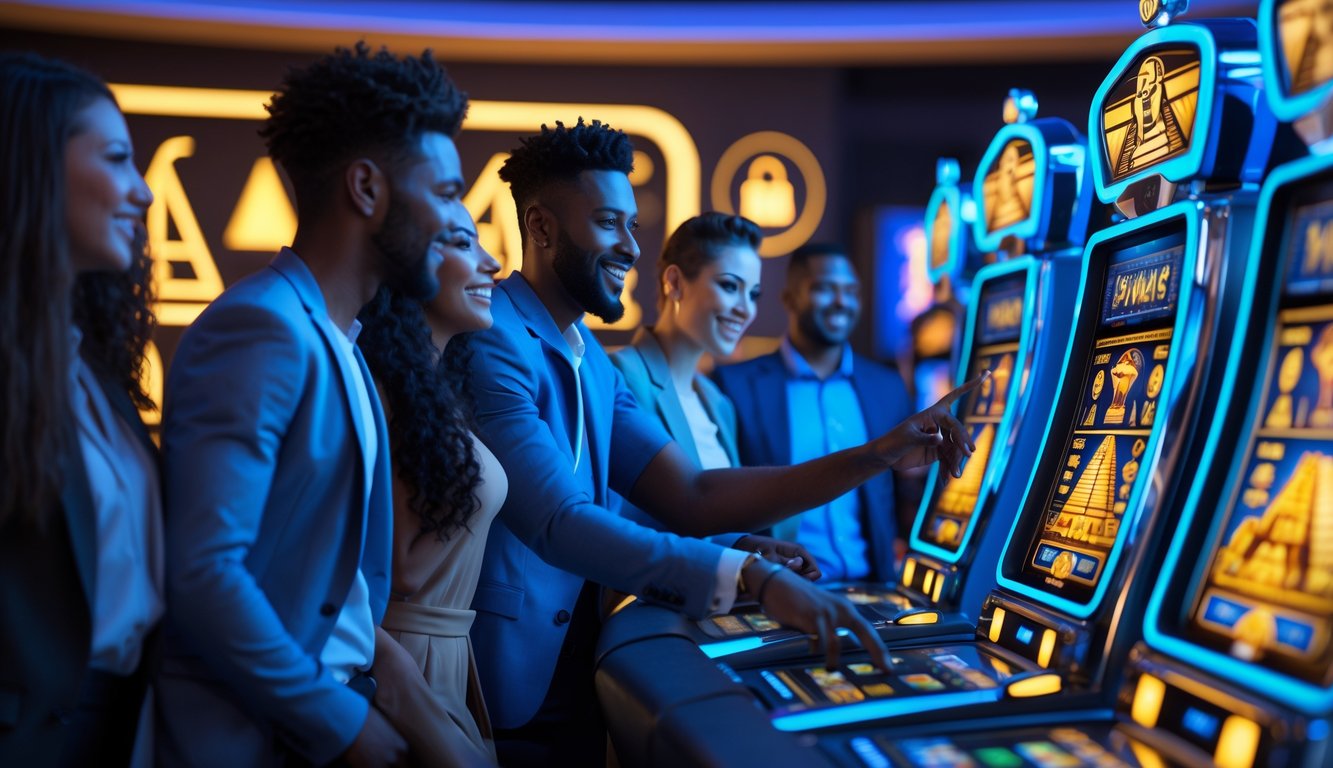 Sekelompok orang bermain mesin slot bertema Mesir dengan simbol piramida dan sphinx di layar dalam suasana yang cerah dan modern.