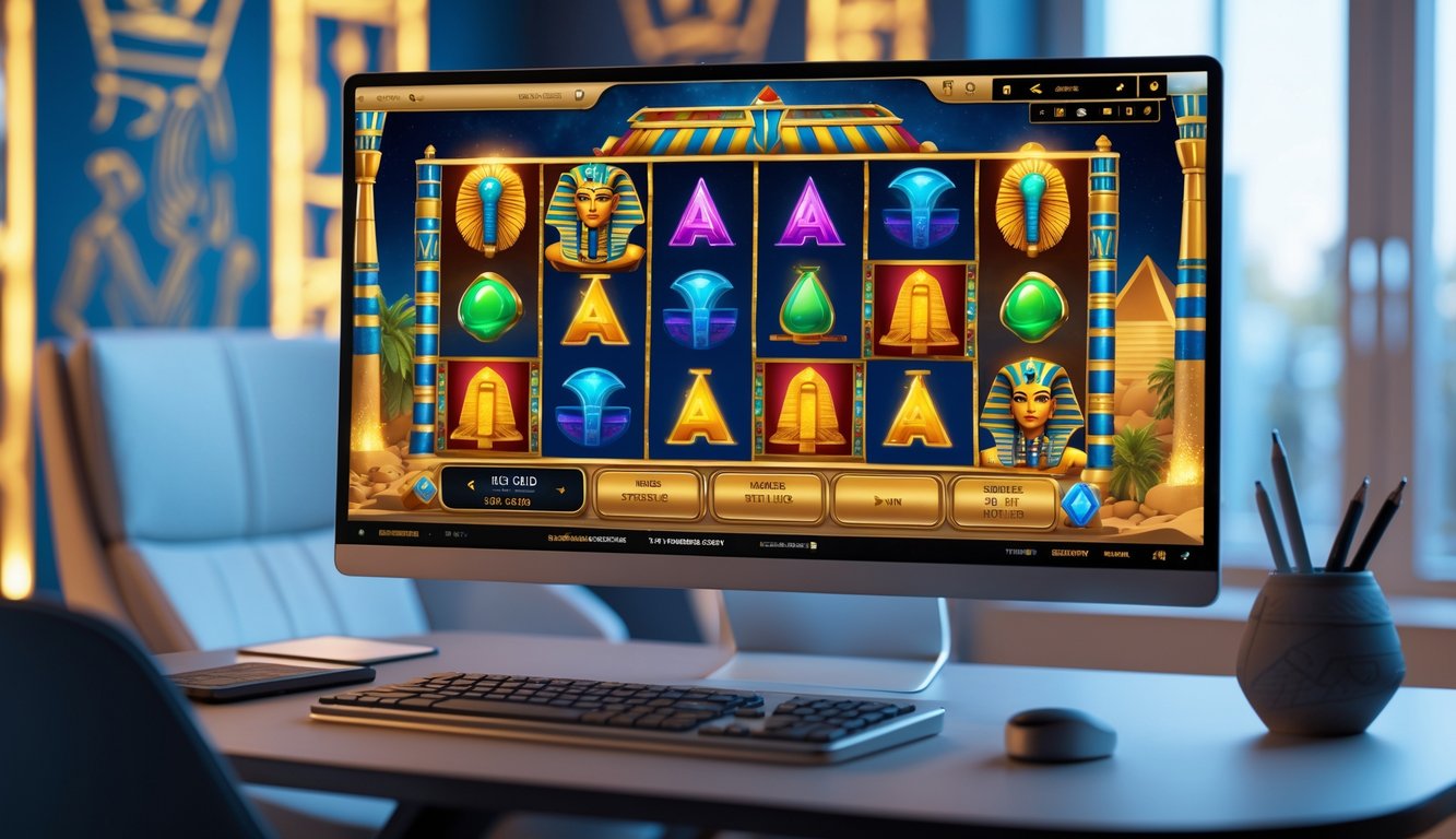 Layar komputer menampilkan permainan slot bertema Mesir kuno dengan simbol seperti scarab, firaun, dan piramida di sebuah ruangan gaming yang nyaman.