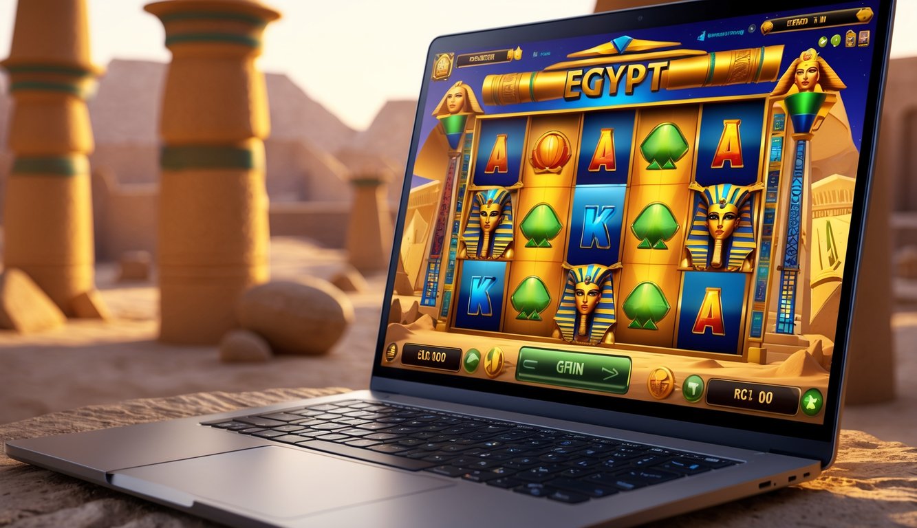 Seorang pemain menggunakan komputer dengan tampilan permainan slot bertema Mesir kuno yang menampilkan simbol seperti scarab emas dan piramida.