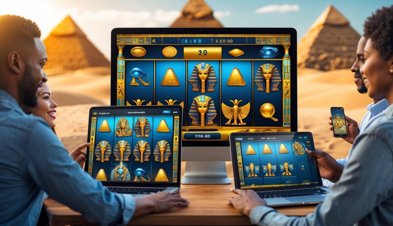 Orang-orang menggunakan perangkat digital untuk bermain mesin slot bertema Mesir kuno dengan latar belakang piramida dan pasir.
