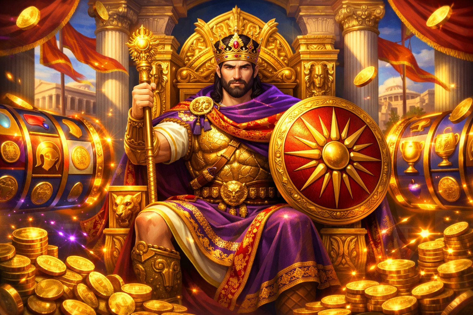 A King Wearing A Golden Crown And Royal Robes Sits On A Decorated Throne In An Ancient Palace, Surrounded By Symbols Of Wealth And Spinning Slot Machine Elements.