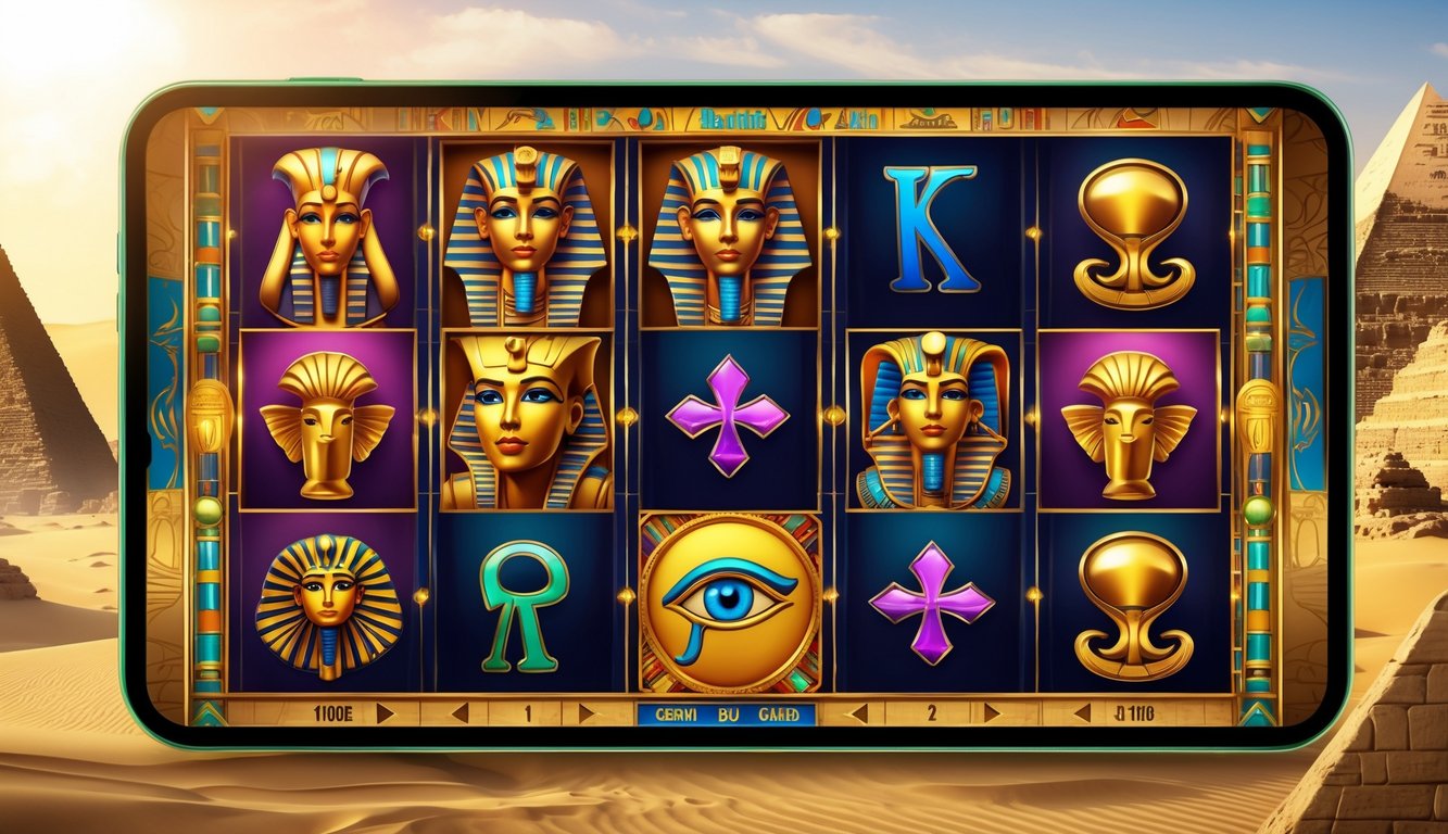 Tampilan mesin slot online dengan tema Mesir Kuno, menampilkan simbol-simbol seperti scarab emas, topeng firaun, hieroglif, dan piramida di latar belakang.