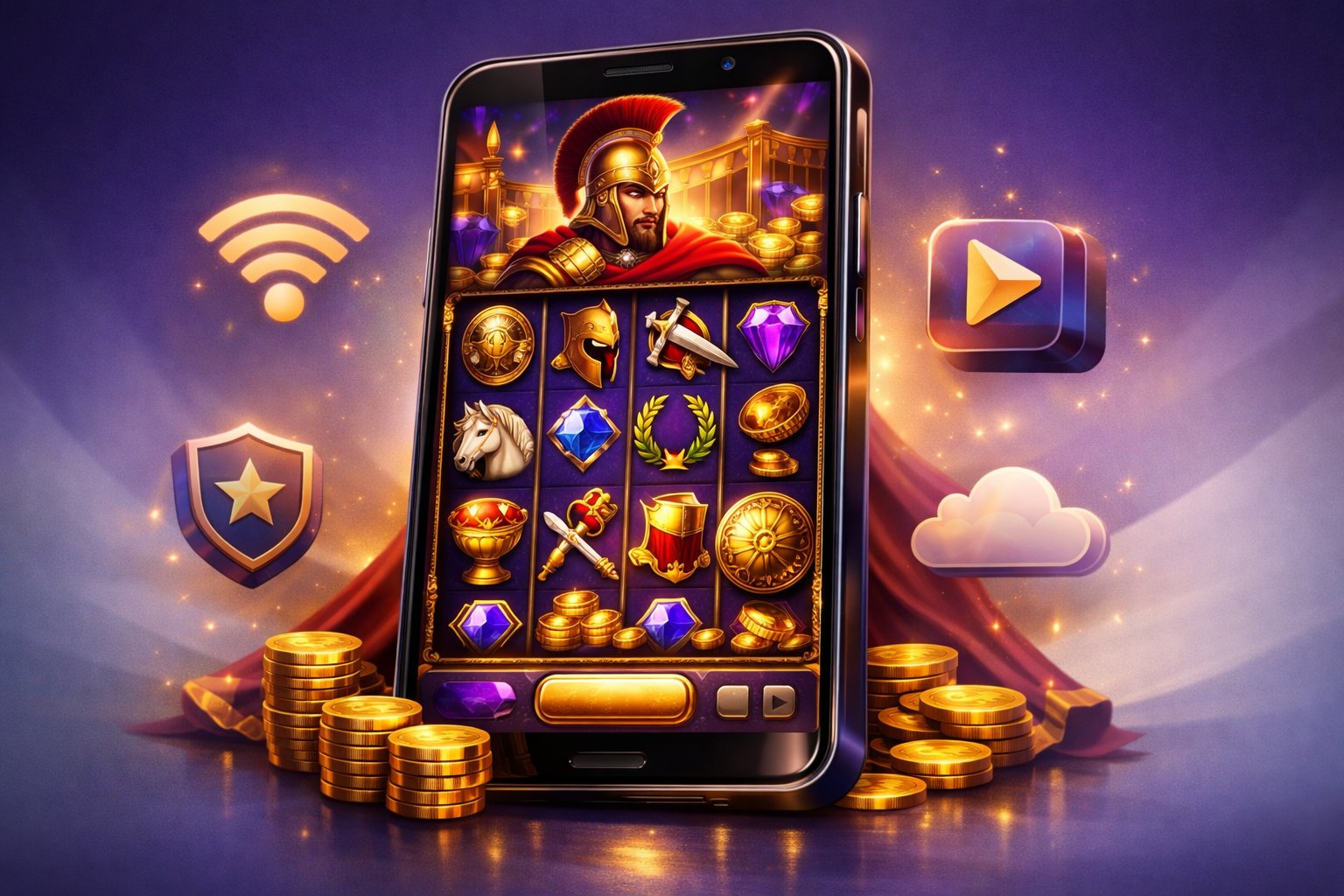 A Smartphone Showing A Slot Game With Ancient Macedonian Symbols And Gold Coins, Surrounded By Icons Representing Mobile Connectivity.