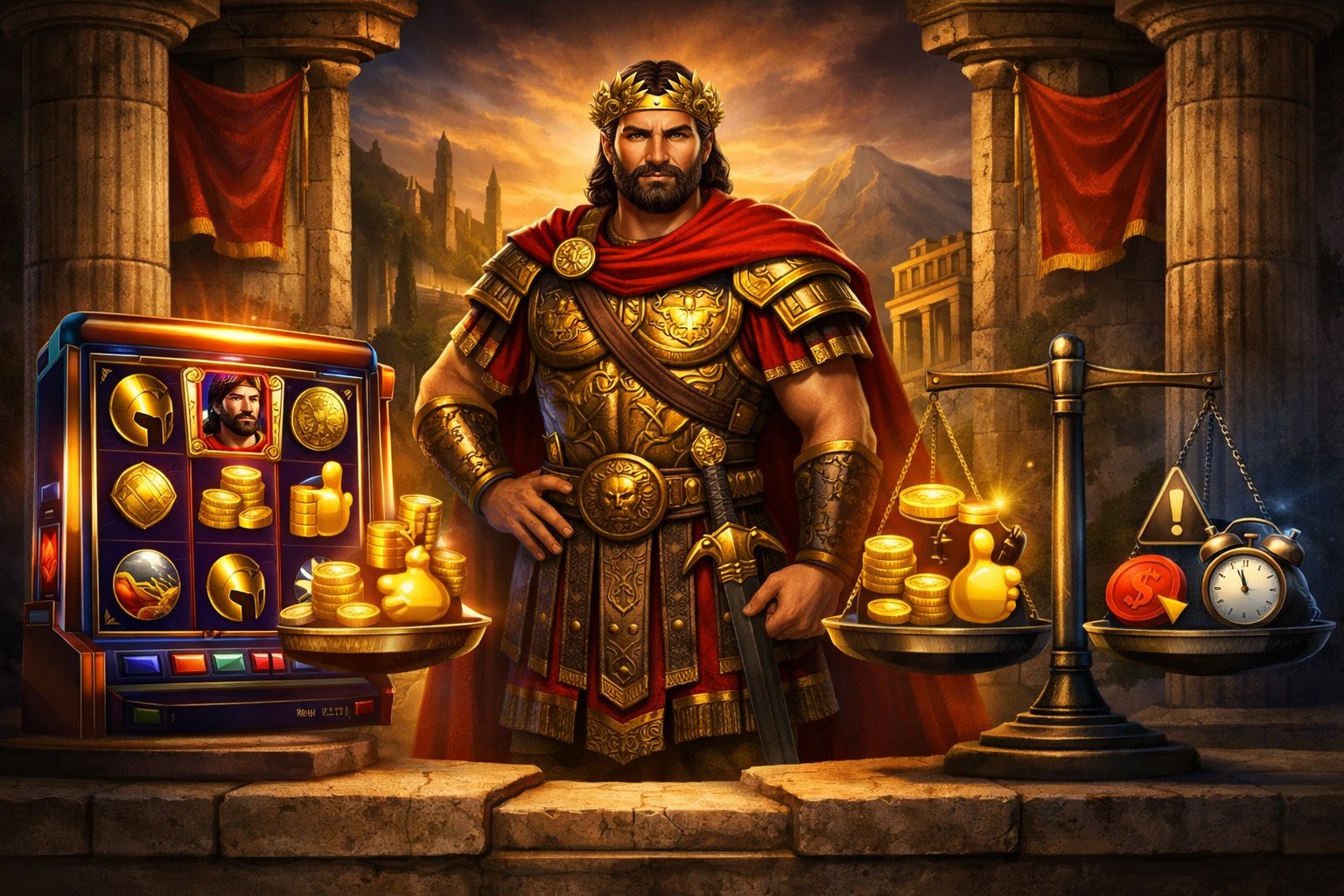 An Ancient Macedonian King Stands Between A Slot Machine And Two Panels Showing Positive And Negative Icons Representing The Pros And Cons Of The Slot Game.