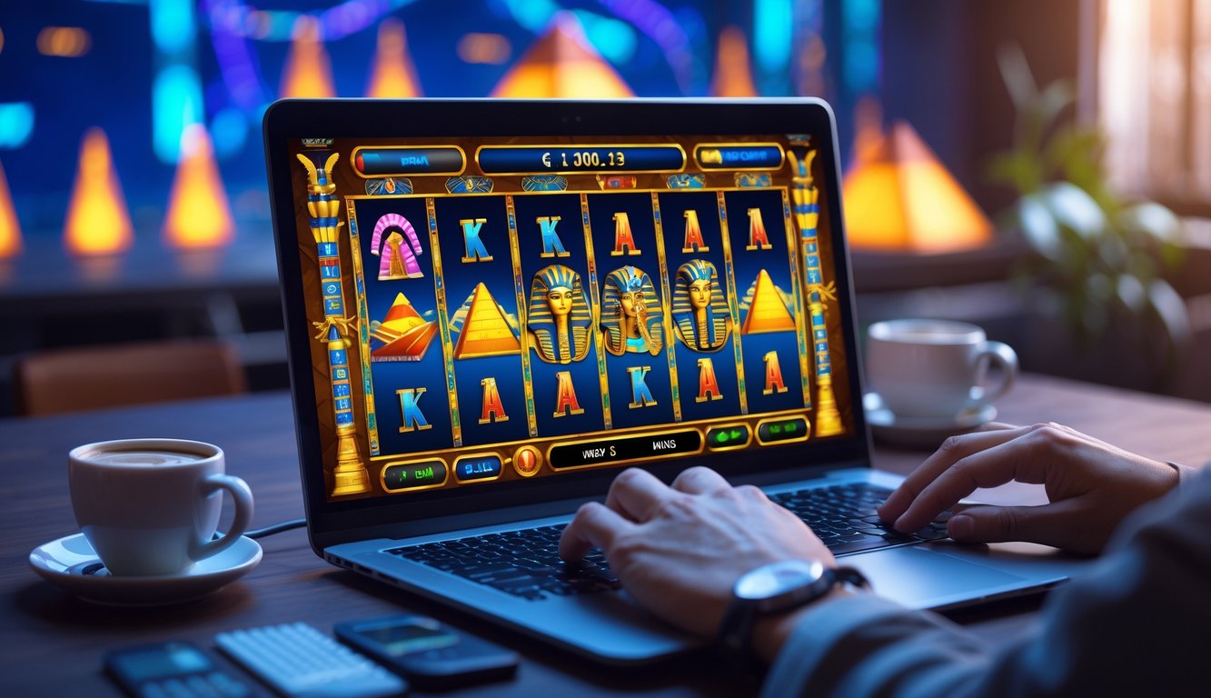 Seseorang bermain permainan slot bertema Mesir kuno di layar komputer dengan simbol seperti piramida dan scarab.
