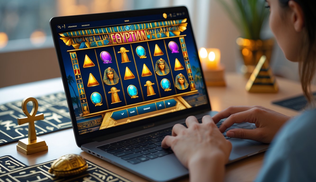 Tampilan layar laptop yang menampilkan permainan slot online bertema Mesir dengan simbol-simbol kuno, di atas meja kerja dengan dekorasi bertema Mesir.