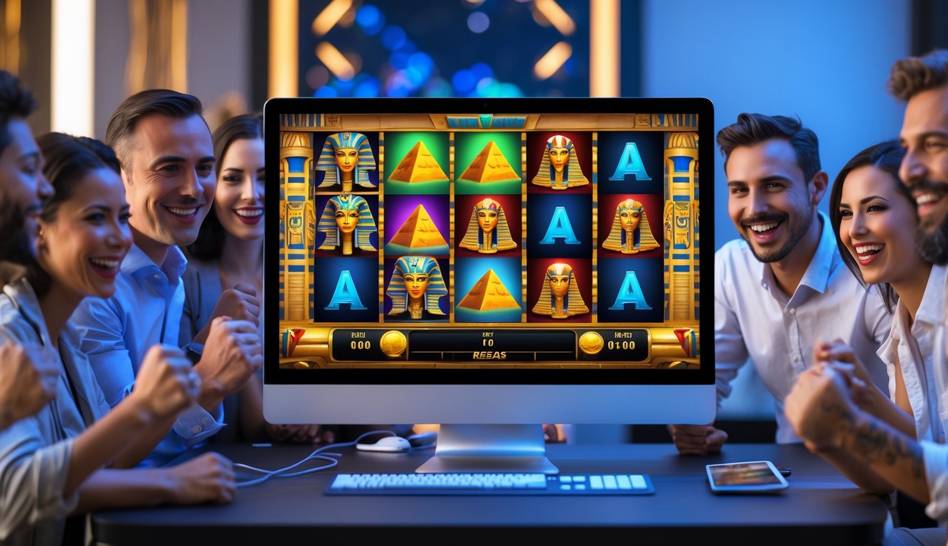 Sekelompok orang sedang bermain permainan slot bertema Mesir kuno di komputer dengan ekspresi gembira dan suasana ruangan yang nyaman.