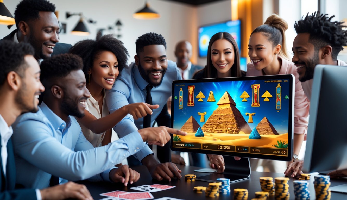 Sekelompok orang sedang berkumpul di depan komputer yang menampilkan permainan slot bertema Mesir kuno, terlihat antusias dan fokus.